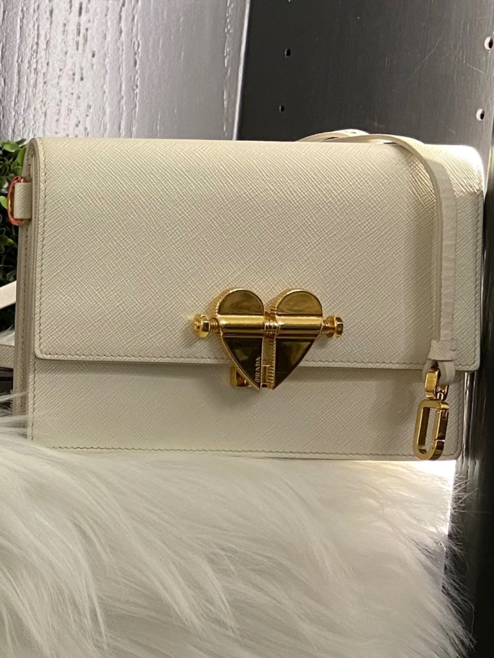 Prada Saffiano Heart "Lock" Crossbody Bag Off White / Ivory Gold-Toned Hardware